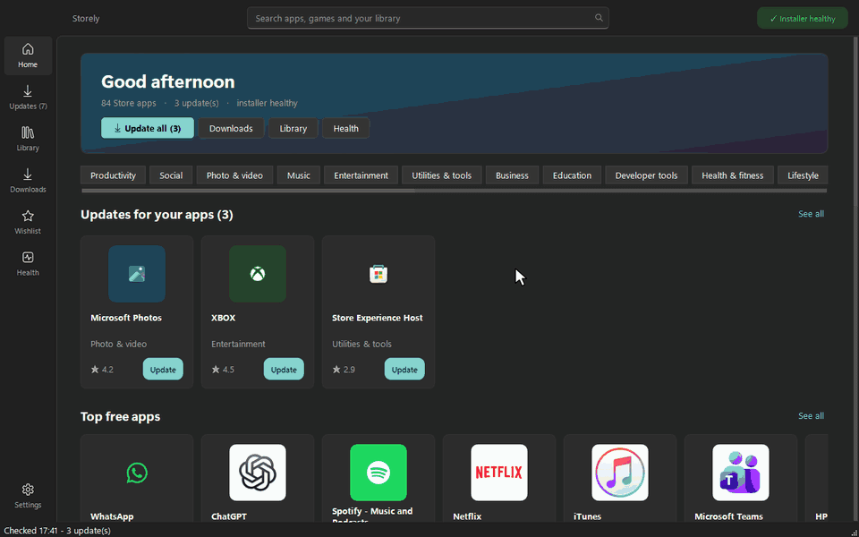 Storely: updates for Store apps and other programs, search, an app page showing its permissions, and the health page